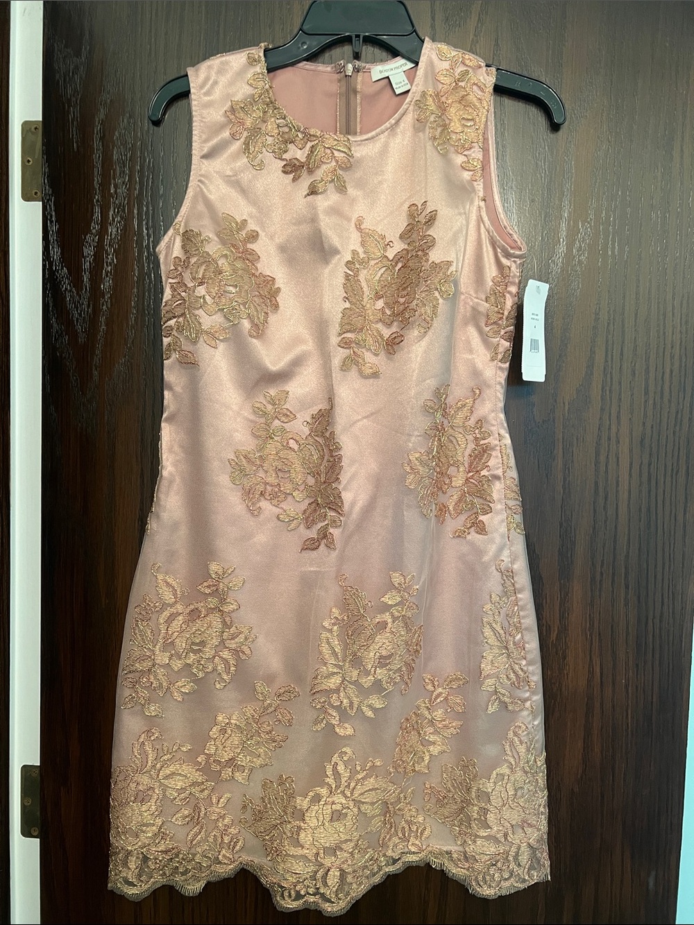 Boston Proper Rose Pink Sheath Dress with Gold Floral Embroidery